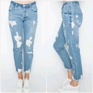 KC-8901Jazz Blue Ripped Distressed Boyfriend Jeans